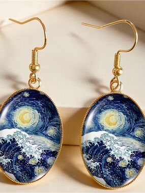 Gold-Tone Oval Starry Wave Drop Earrings - Blue